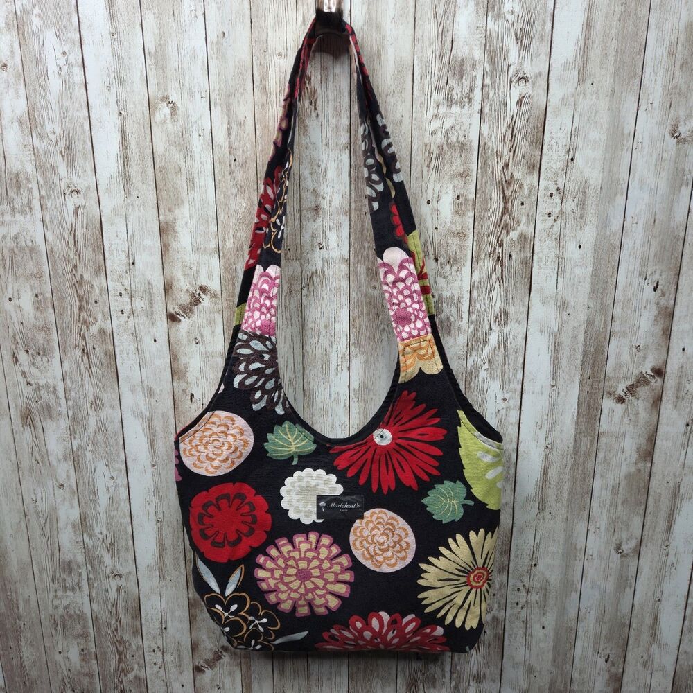 Mailelani’s Kauai Hawaiian Vibrant Floral Beach Fabric Hobo Bag Shoulder Black